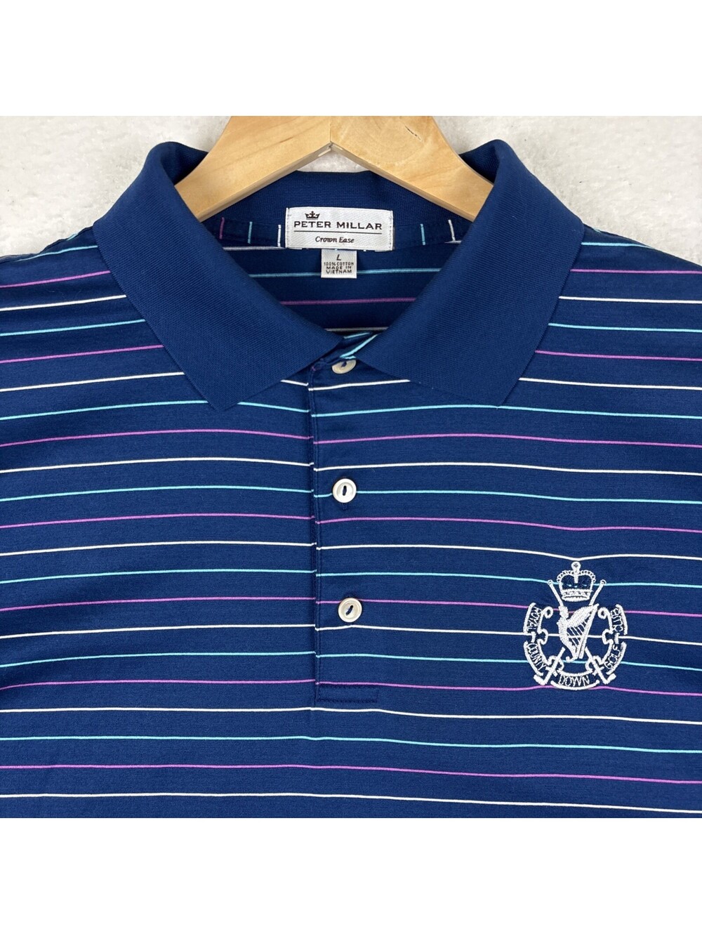 Peter Millar Polo Shirt Men’s L Navy Blue Striped Royal County Down Golf Club UK